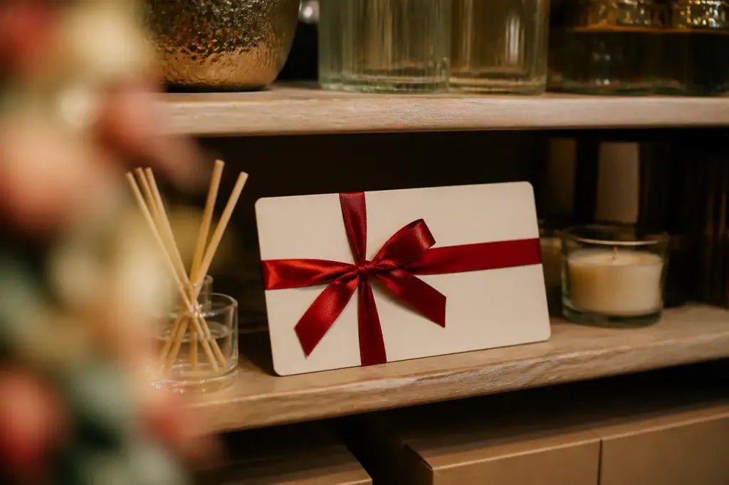 Carte cadeau posee sur une etagere de magasin