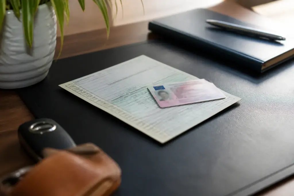Carte grise et permis de conduire sur un bureau