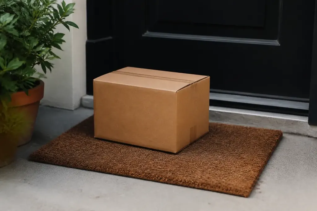 Carton brun pose sur un paillasson devant une porte