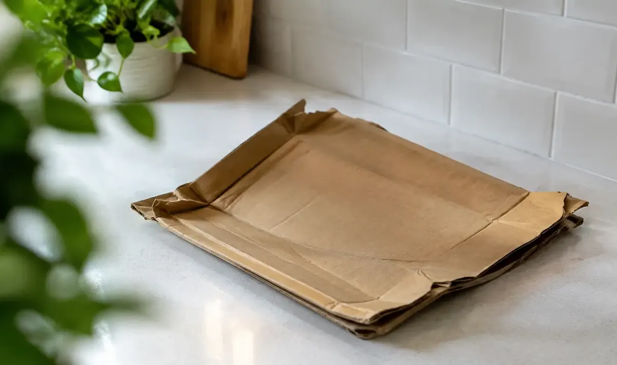 Carton ecrase couche sur un comptoir blanc