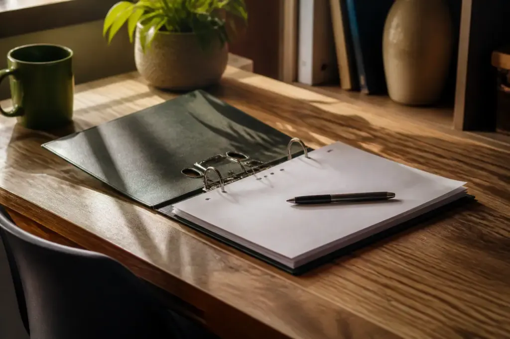 Classeur ouvert avec feuilles et stylo sur bureau