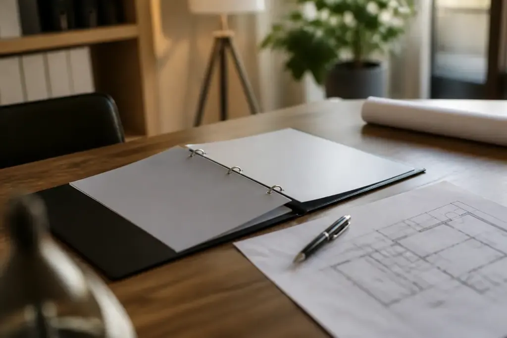 Classeur ouvert, stylo et plan de maison sur table