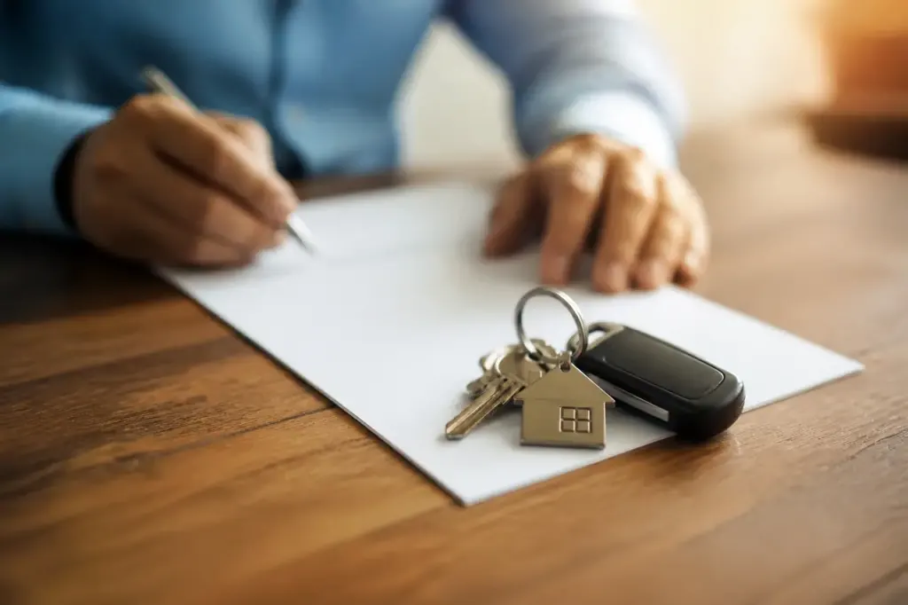 Cles de voiture et maison sur un contrat