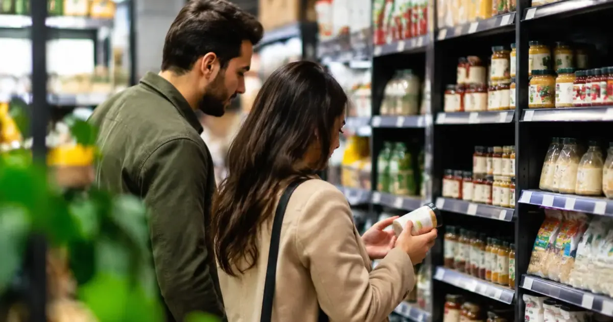 Deux clients debout examinant des etiquettes sur un rayon