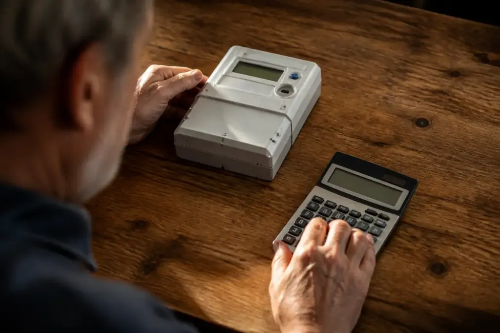 Compteur electrique et calculatrice sur une table en bois