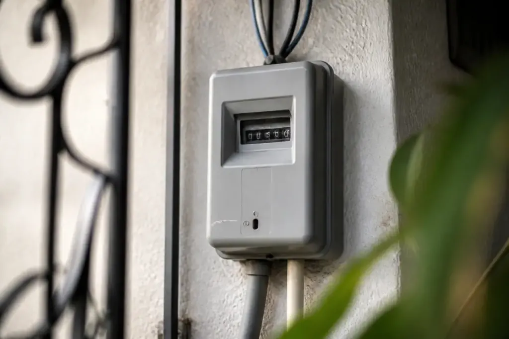 Compteur electrique gris avec chiffres lisibles sur mur