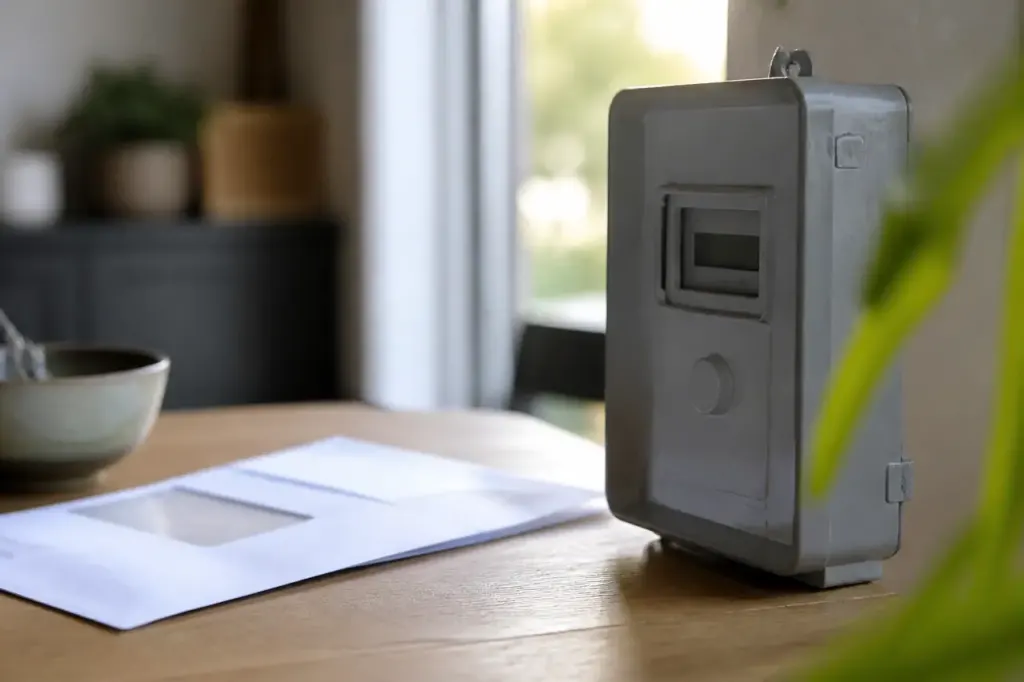 Compteur electrique gris lettre administrative sur table
