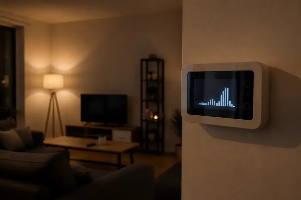 Compteur electrique numerique affichant consommation nocturne dans salon