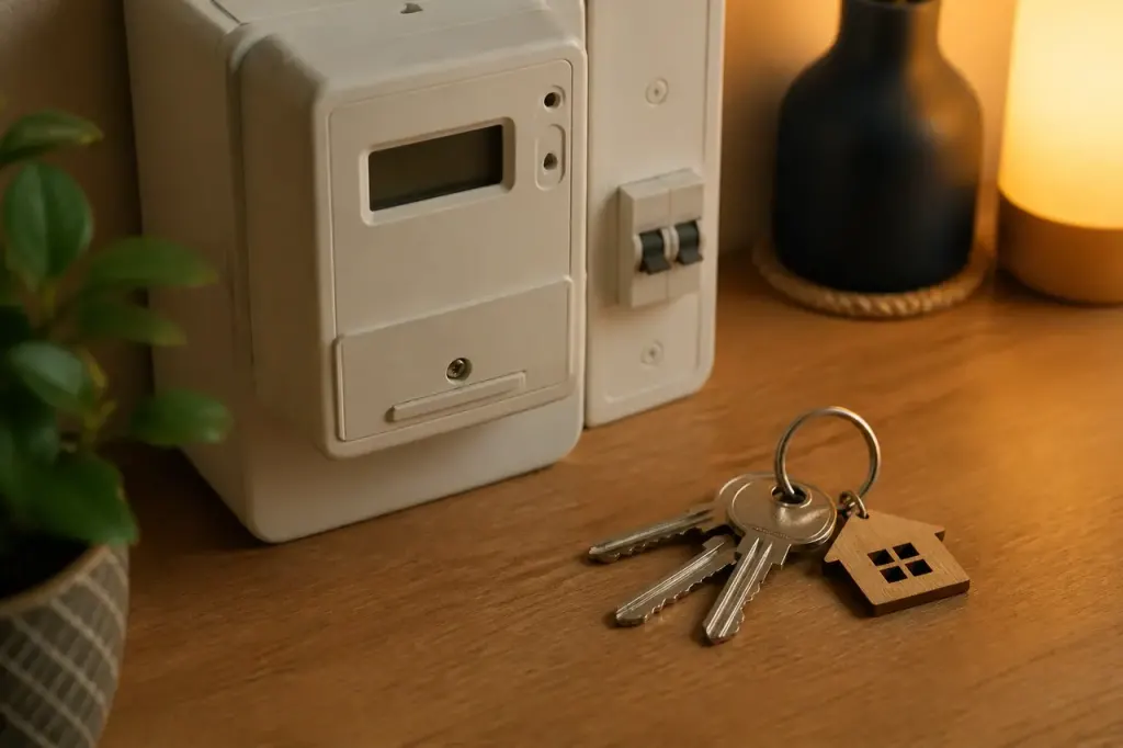 Compteur electrique et trousseau de cles sur table