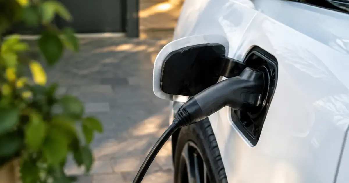 Conducteur branche un cable sur une voiture electrique blanche