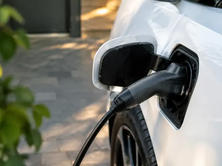 Conducteur branche un cable sur une voiture electrique blanche