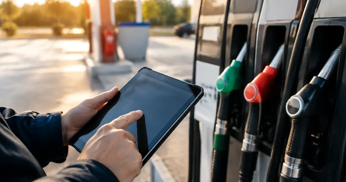 Conducteur remplissant un formulaire sur tablette devant une pompe