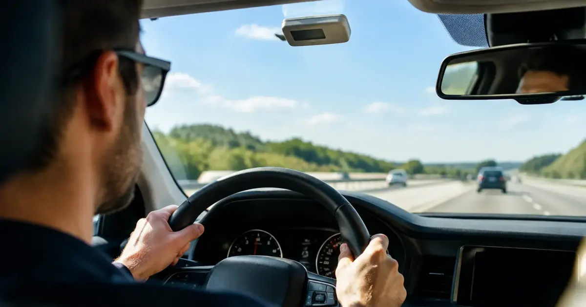 Conducteur au volant avec badge de peage fixe