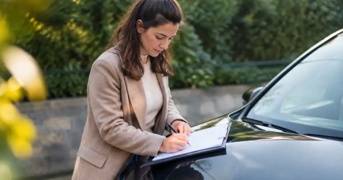 Conductrice debout signant un formulaire devant sa voiture
