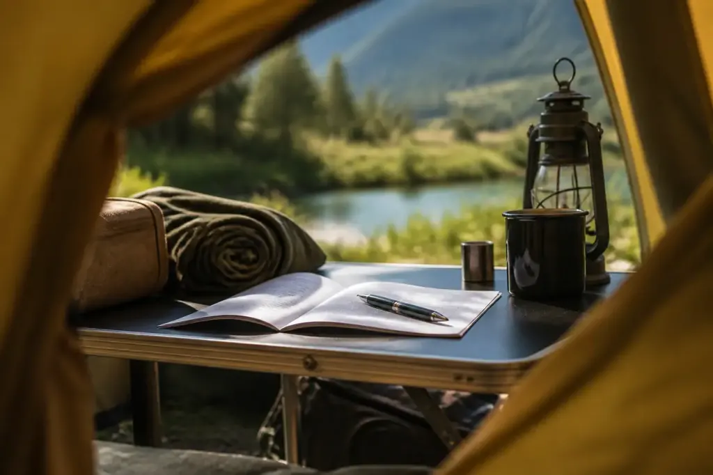 Contrat ouvert et stylo sur une table de camping