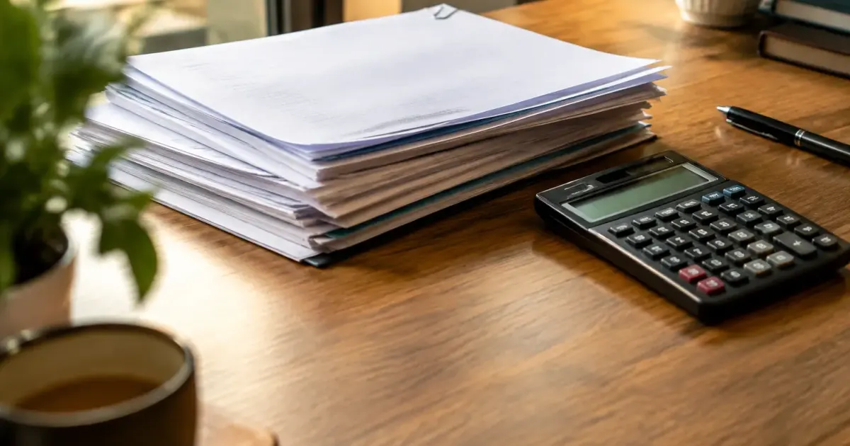Contrats de bail empilés sur un bureau avec calculatrice