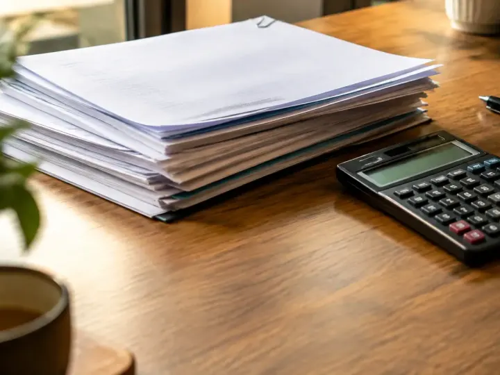 Contrats de bail empilés sur un bureau avec calculatrice