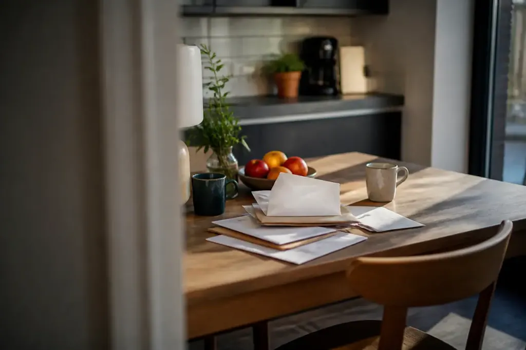 Couple examinant un courrier sur une table de cuisine