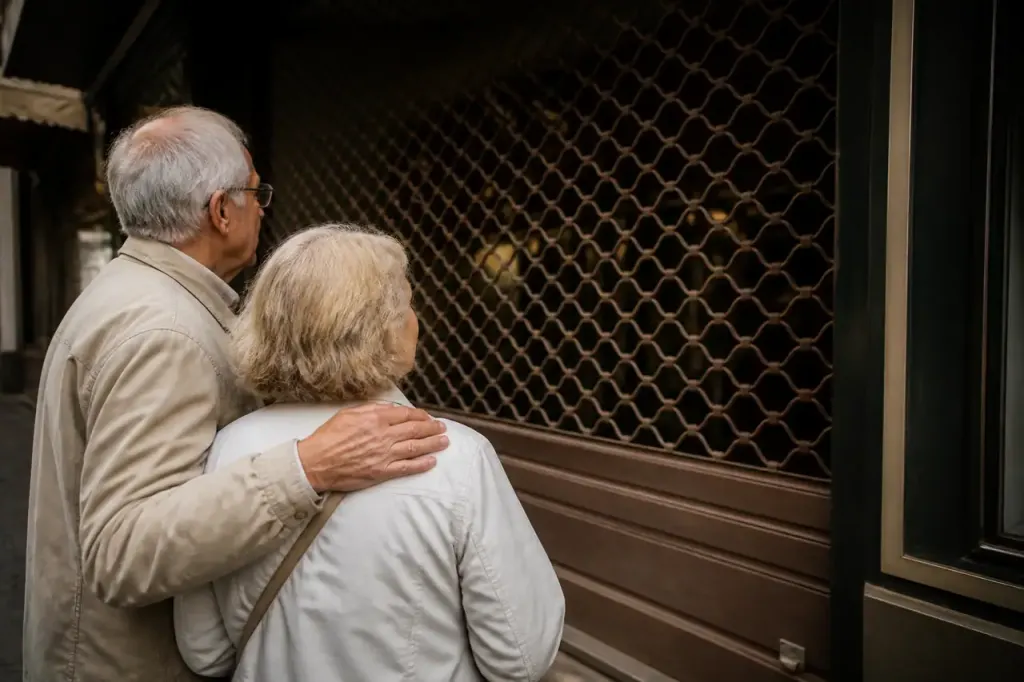 Couple senior devant une boutique vide volets baisses