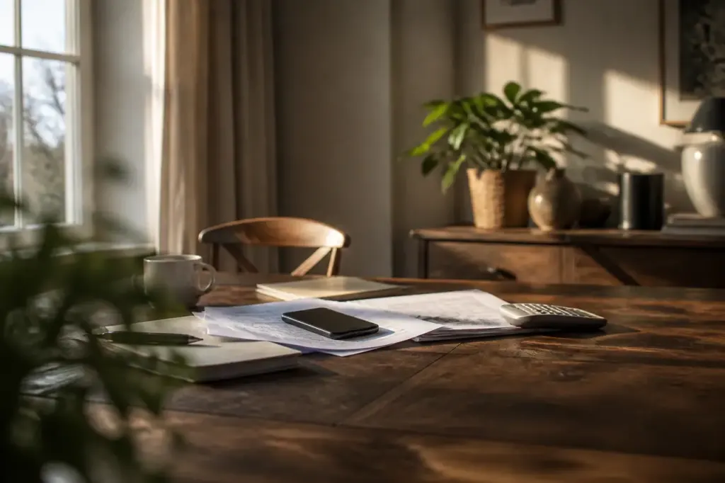 Couple senior pensif devant un telephone et des papiers