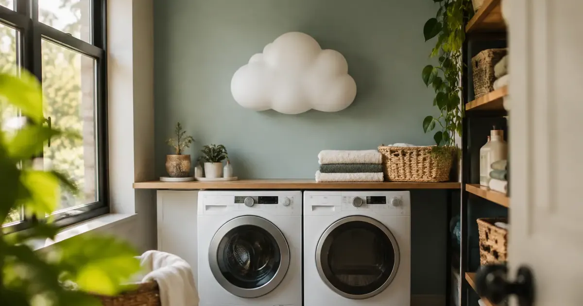 Un cumulus blanc fixe au mur dans une buanderie