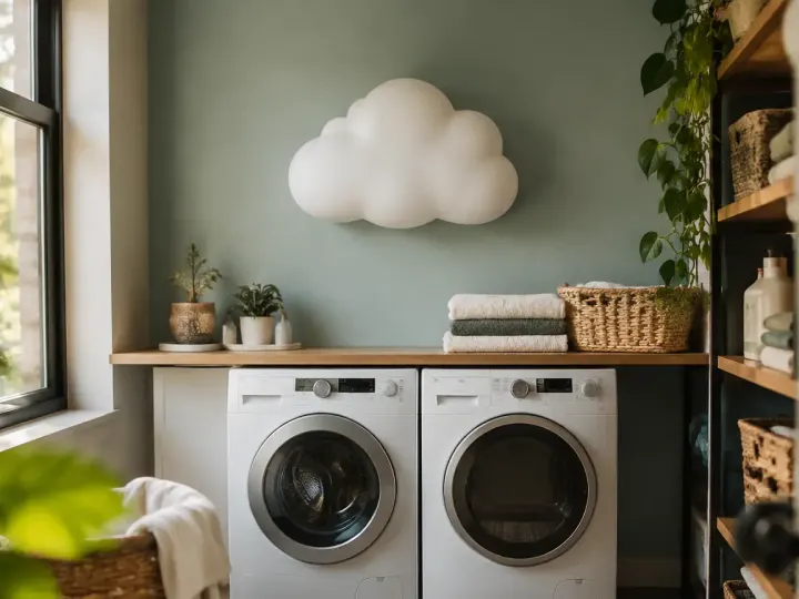 Un cumulus blanc fixe au mur dans une buanderie