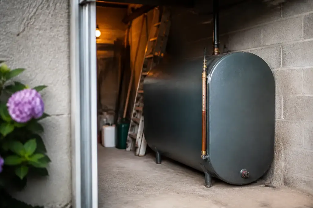 Cuve de fioul avec jauge visible dans un garage