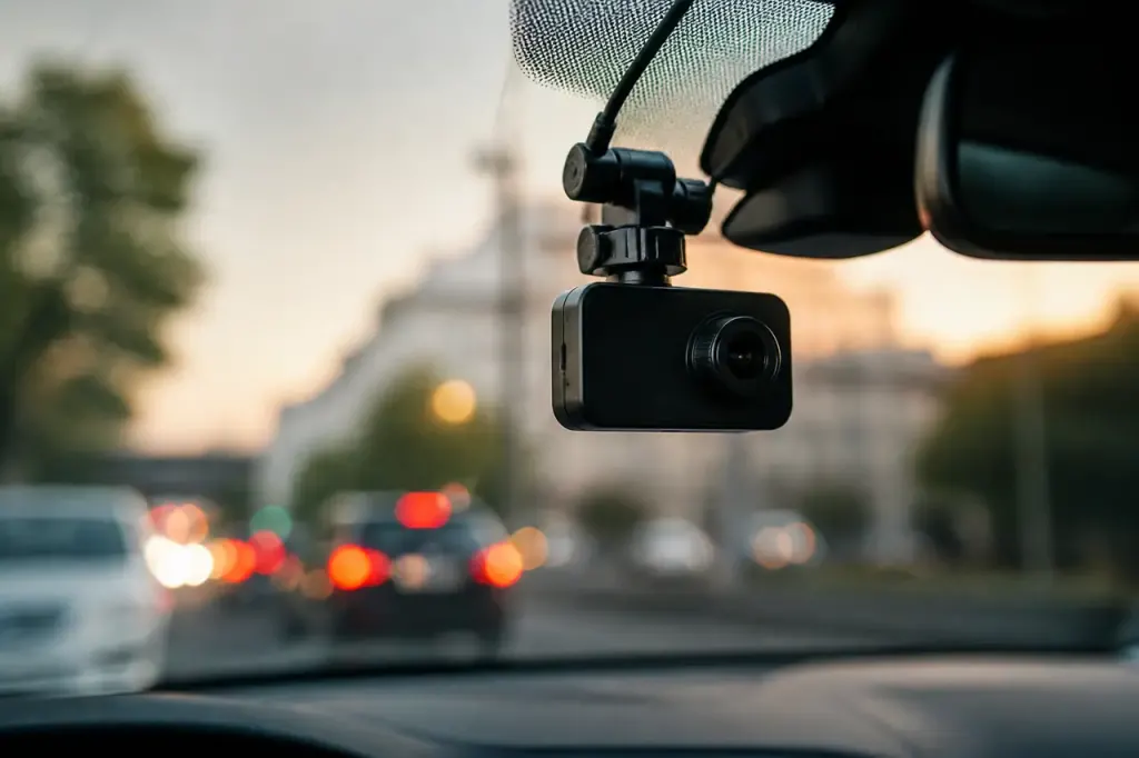 Dashcam noire fixee au pare-brise d'une voiture