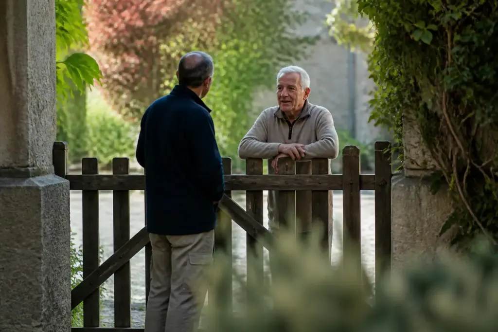 Deux voisins discutent devant un portail en bois