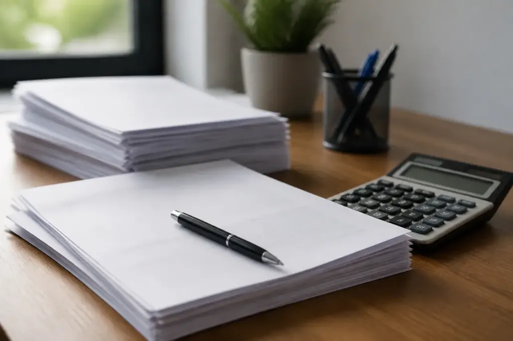 Document administratif posé sur un bureau avec calculatrice