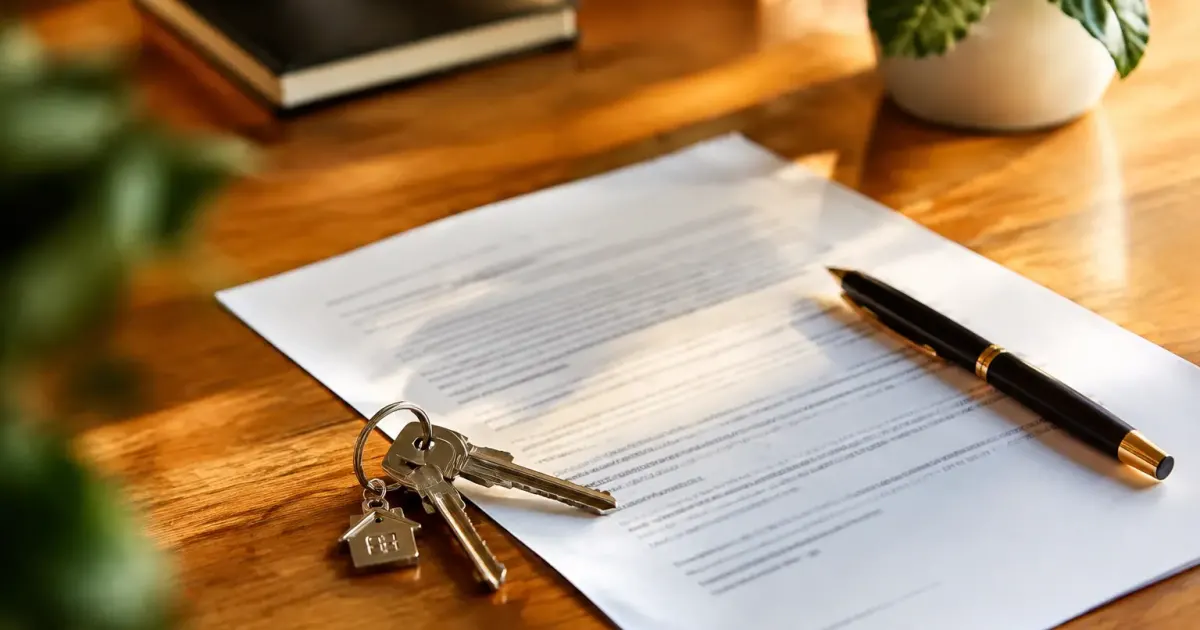 Document signe pose sur bureau en bois avec cles
