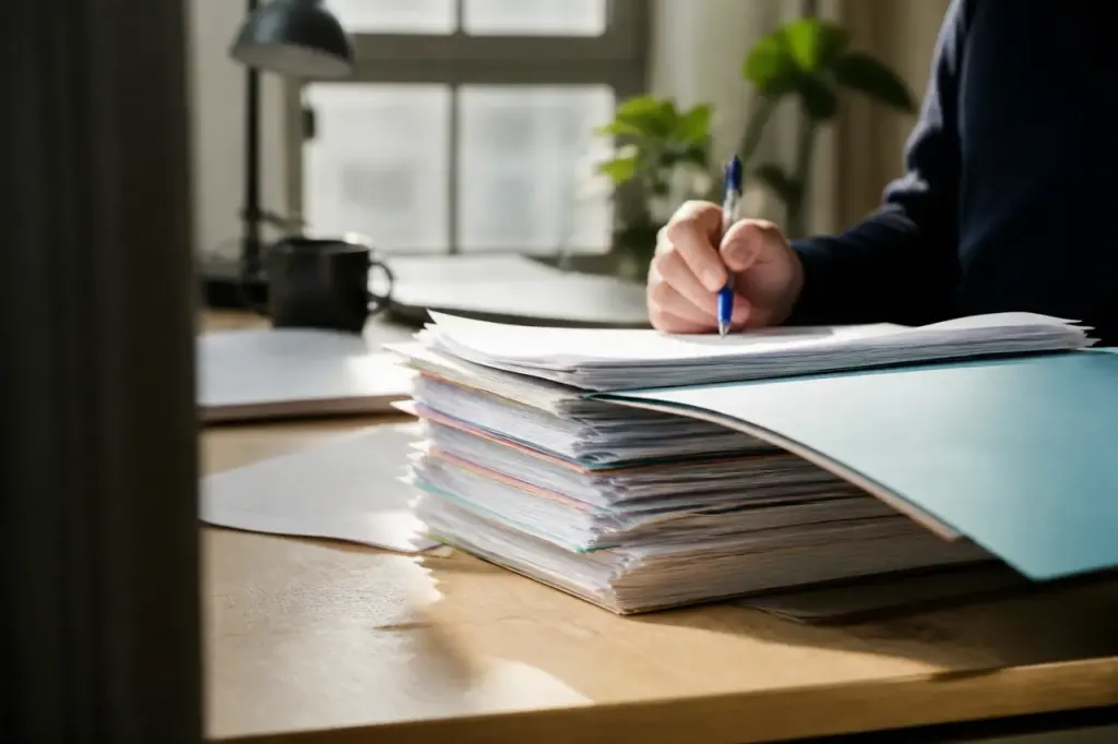 Dossier administratif ouvert sur un bureau avec stylo bleu