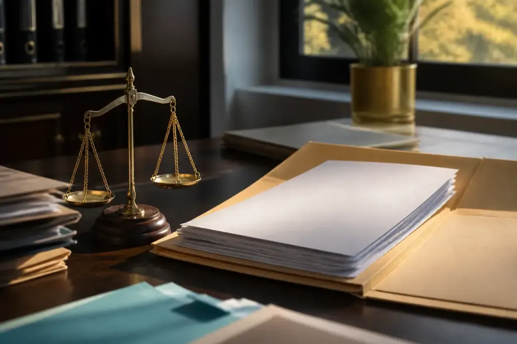 Dossier juridique ouvert sur un bureau avec balance miniature