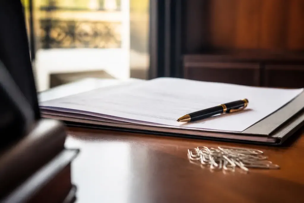Dossier notarial ouvert avec stylo et trombones sur bureau