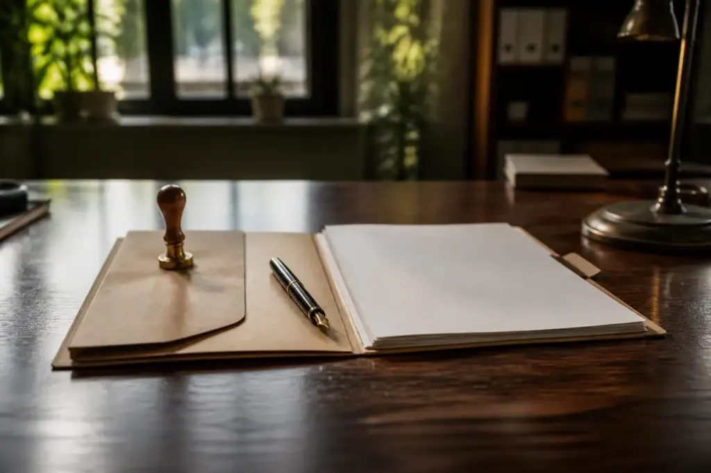 Dossier ouvert stylo et sceau sur table en bois