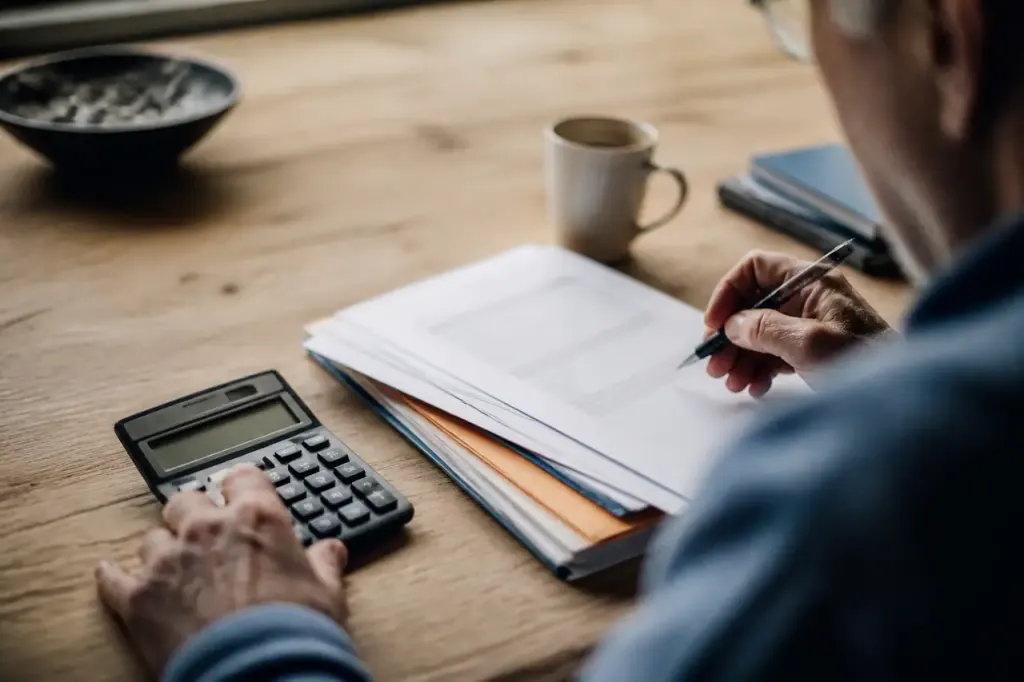 Dossier de retraite, stylo et calculatrice sur un bureau