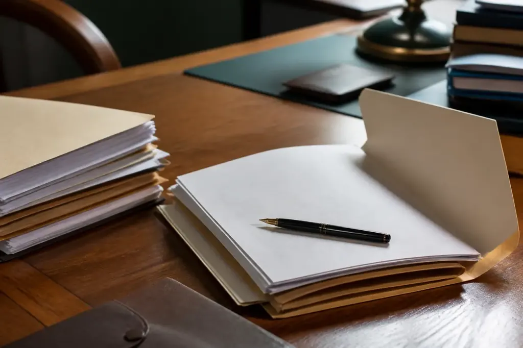 Dossiers ouverts stylo sur bureau en bois