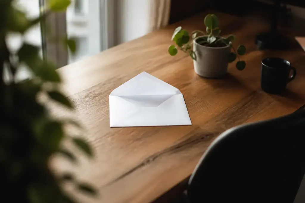 Enveloppe blanche ouverte sur un bureau en bois