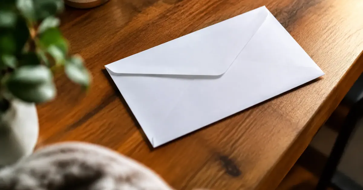 Enveloppe blanche posee sur un bureau en bois