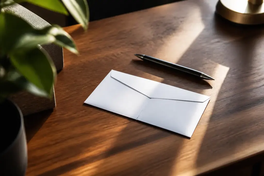 Enveloppe blanche et stylo sur un bureau en bois
