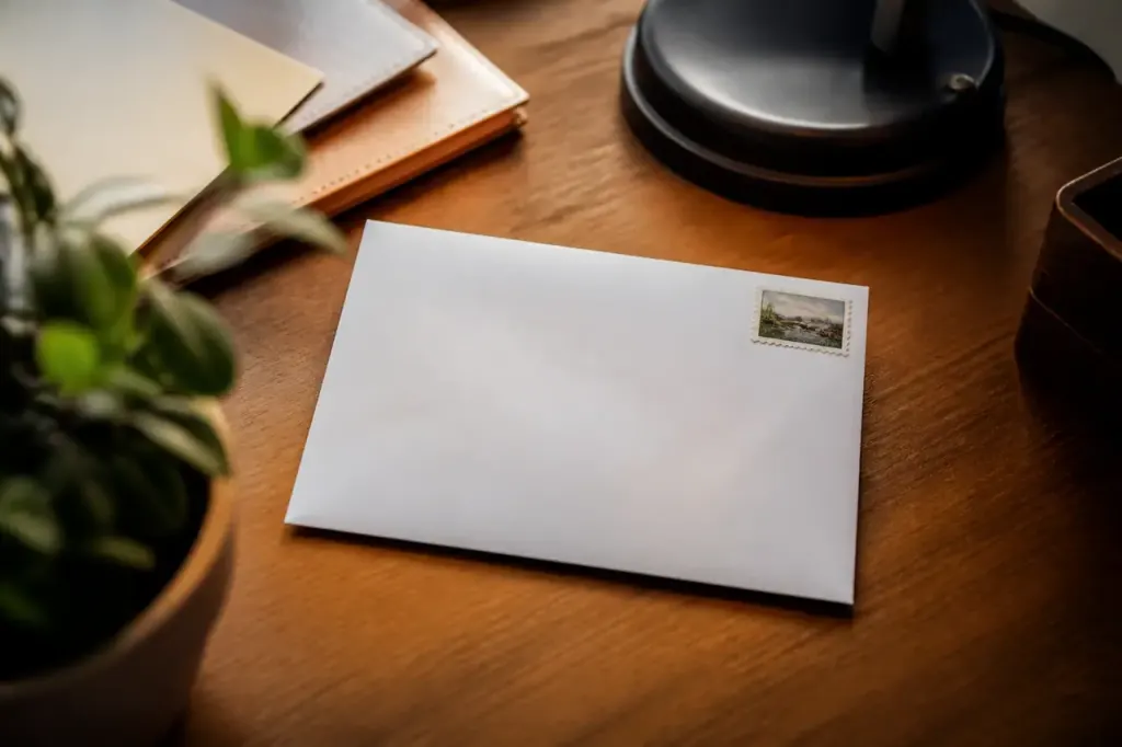 Enveloppe blanche avec timbre posee sur un bureau