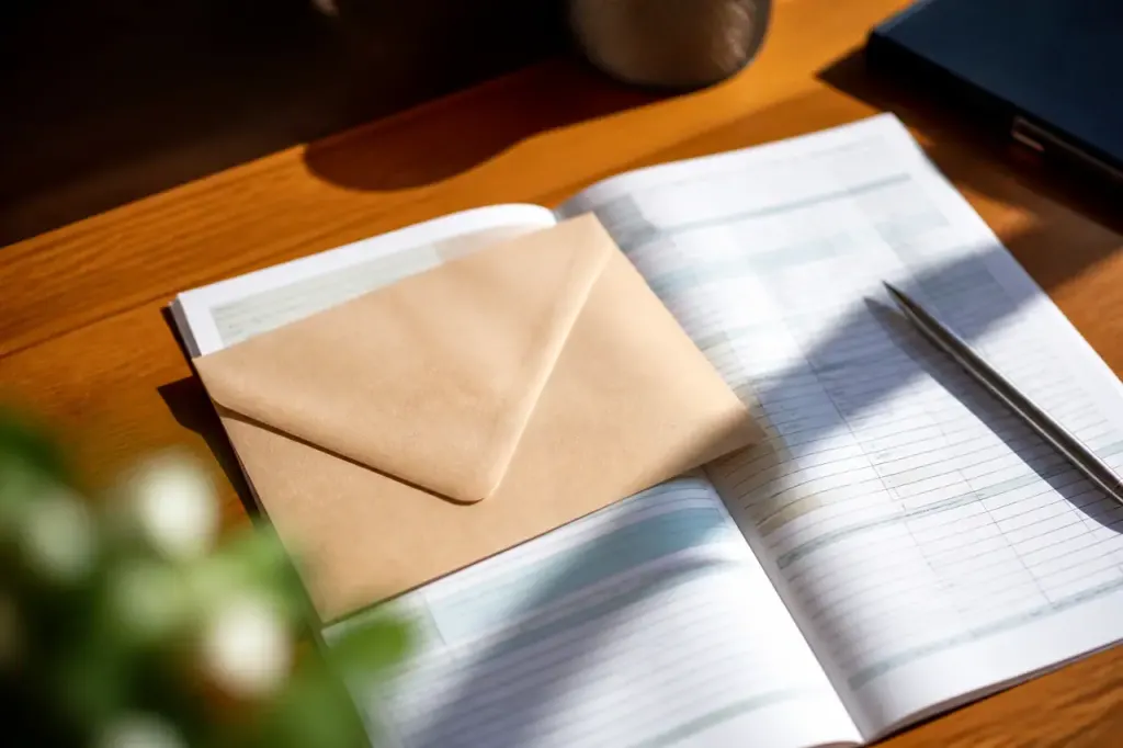 Enveloppe de dons posee sur un formulaire fiscal ouvert