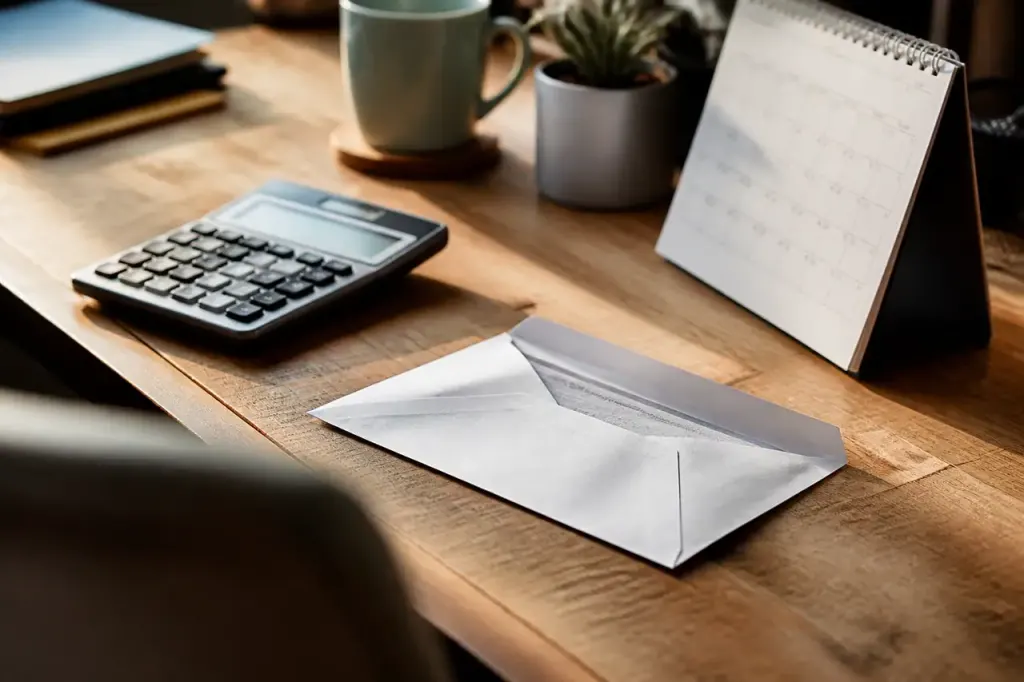 Enveloppe ouverte, calculatrice et calendrier sur un bureau