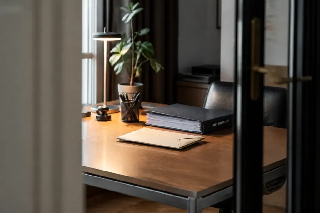 Enveloppe recommandee posee sur un bureau avec classeur