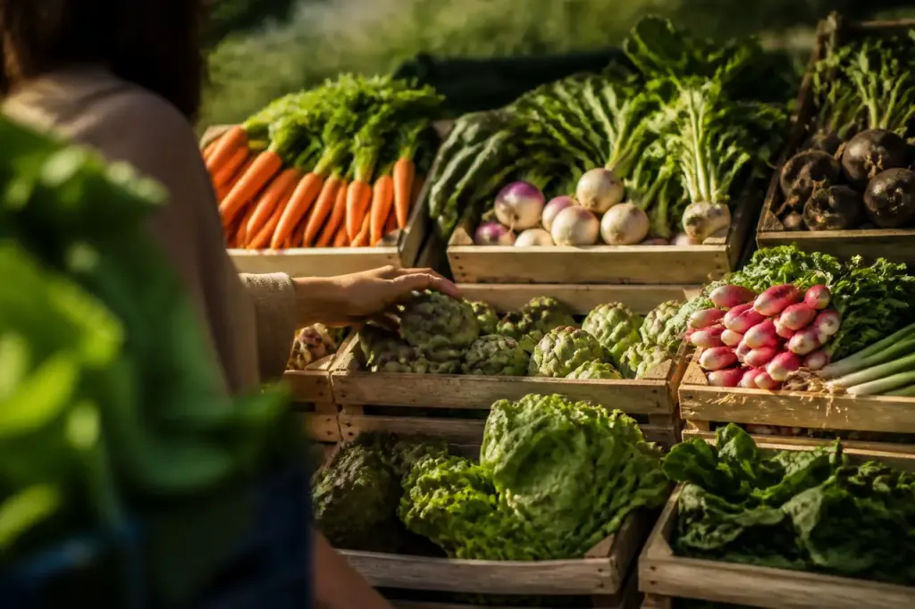 Etal de marche avec caisses de legumes frais