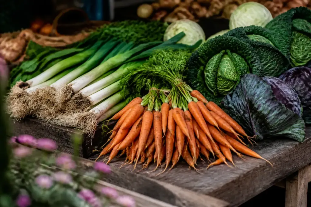 Etal de marche avec carottes poireaux et choux