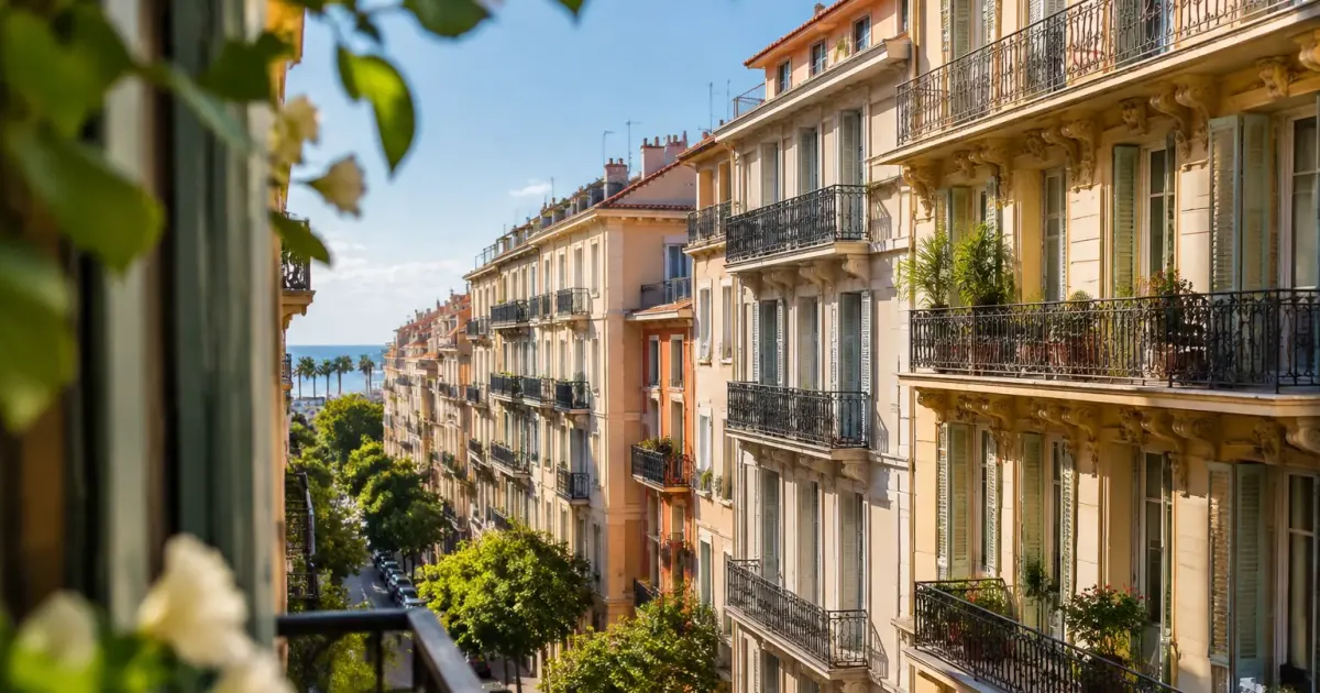 Facades d'immeubles anciens, balcons alignes, rue de Nice