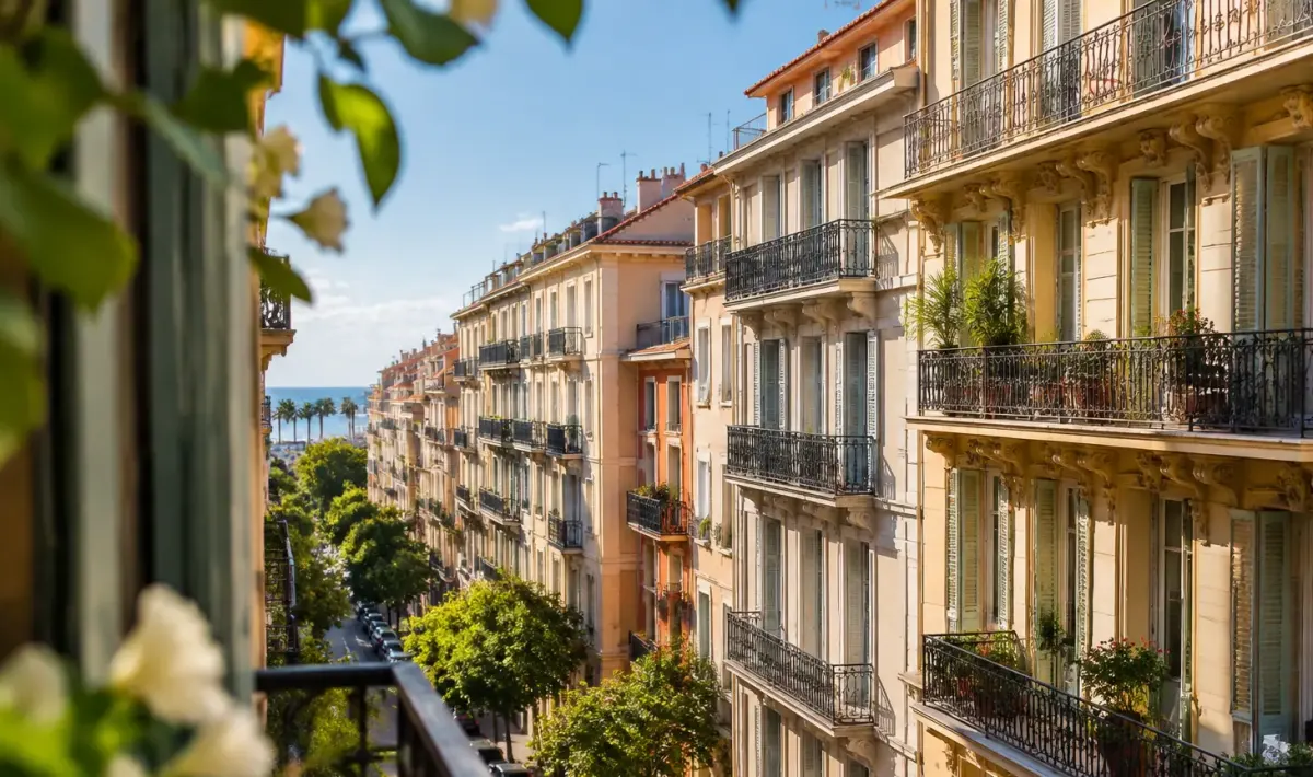 Facades d'immeubles anciens, balcons alignes, rue de Nice
