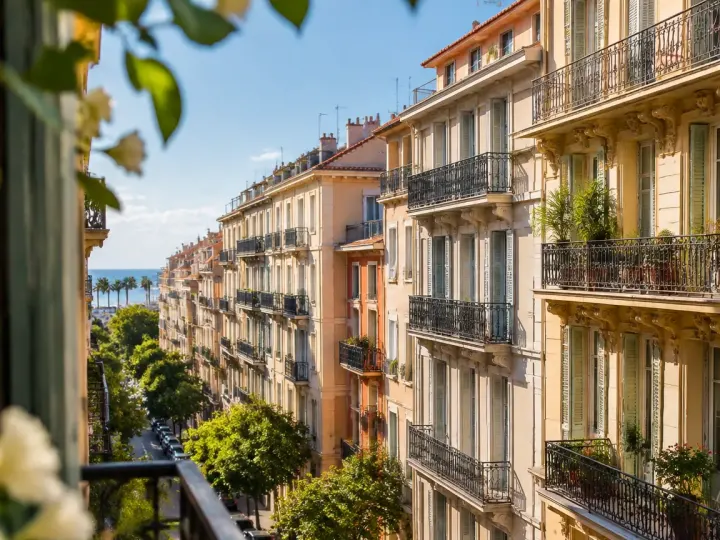 Facades d'immeubles anciens, balcons alignes, rue de Nice