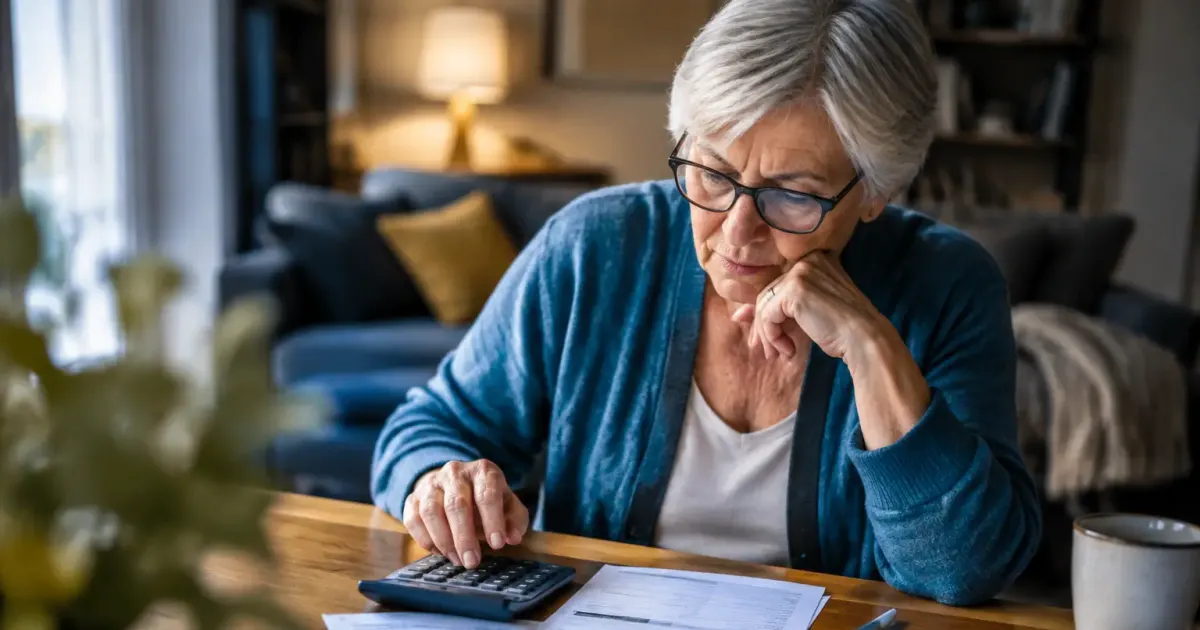Femme agee assise devant des factures et une calculatrice